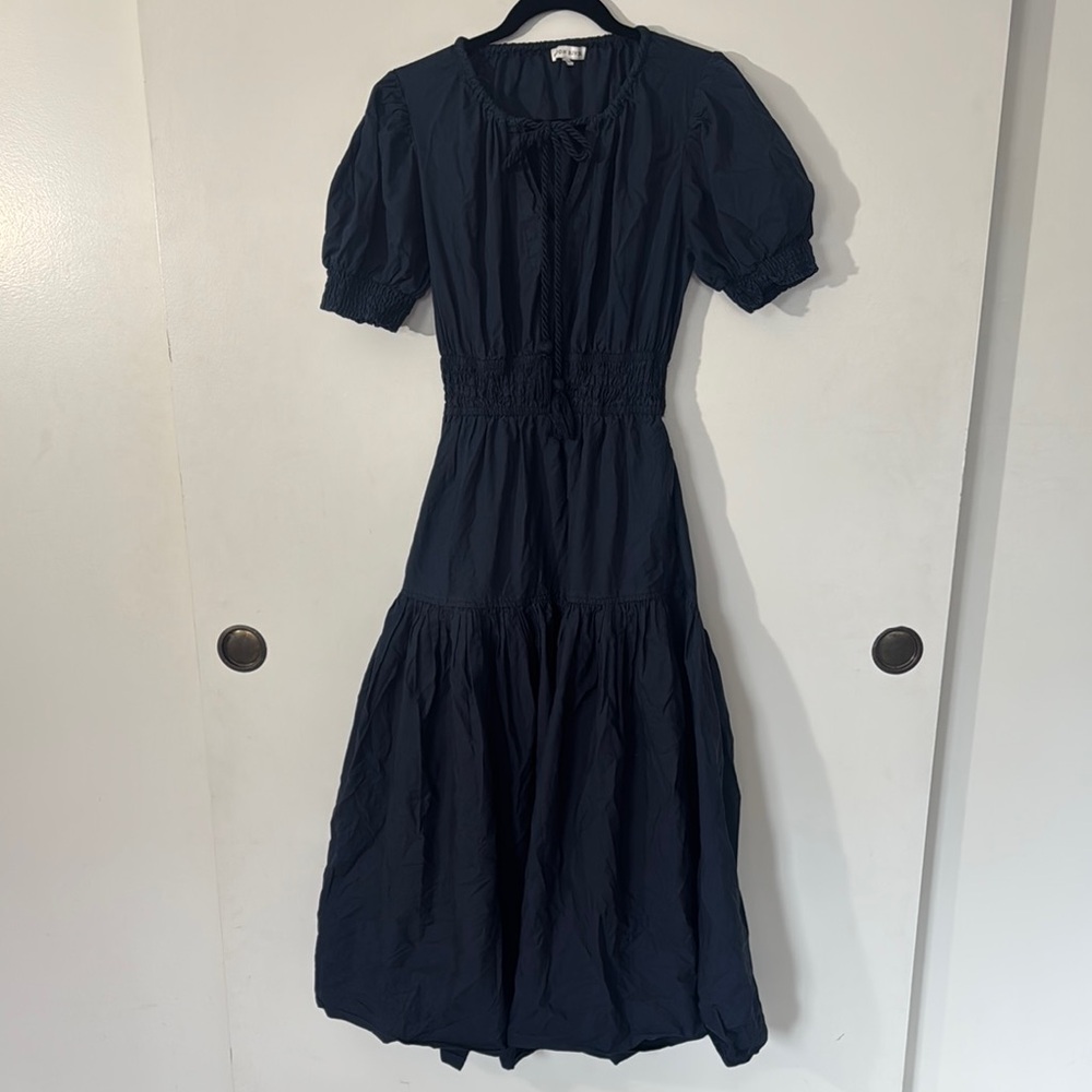 Moon River Gathered Shirred Midi Dress